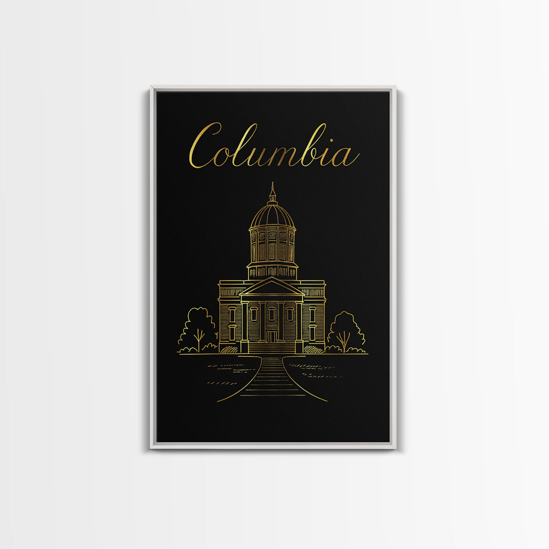 Columbia Travel Poster, Framed Canvas Print, Gold Outline Poster Art, Columbia Poster Print, City Art Print, Vintage Travel Print
