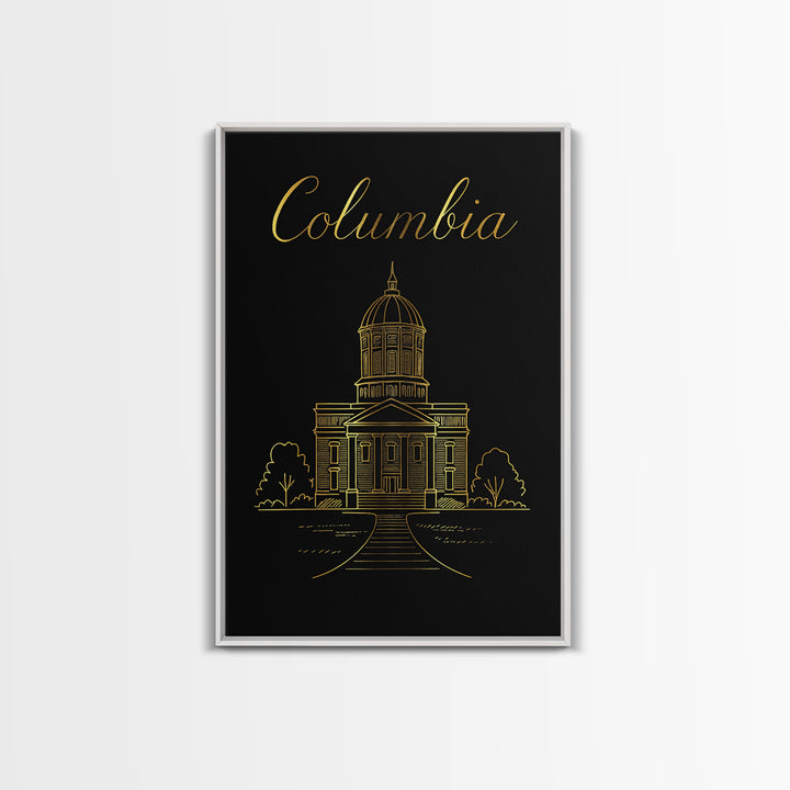 Columbia Travel Poster, Framed Canvas Print, Gold Outline Poster Art, Columbia Poster Print, City Art Print, Vintage Travel Print