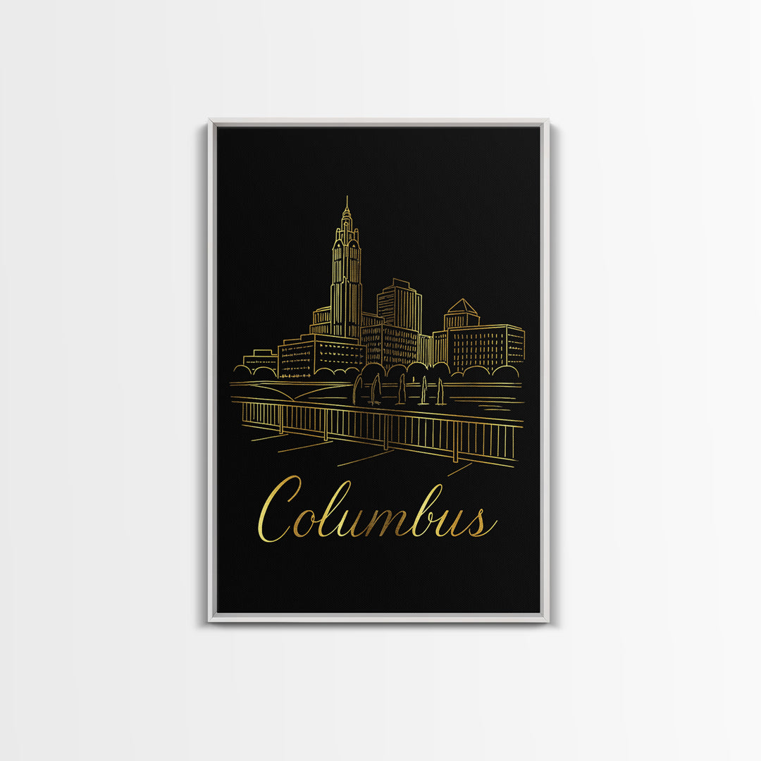 Columbus Ohio Travel Poster, Framed Canvas Print, Black Gold Minimalist Art, Columbus Travel Art, Travel Wall Art, Living Room Wall Art