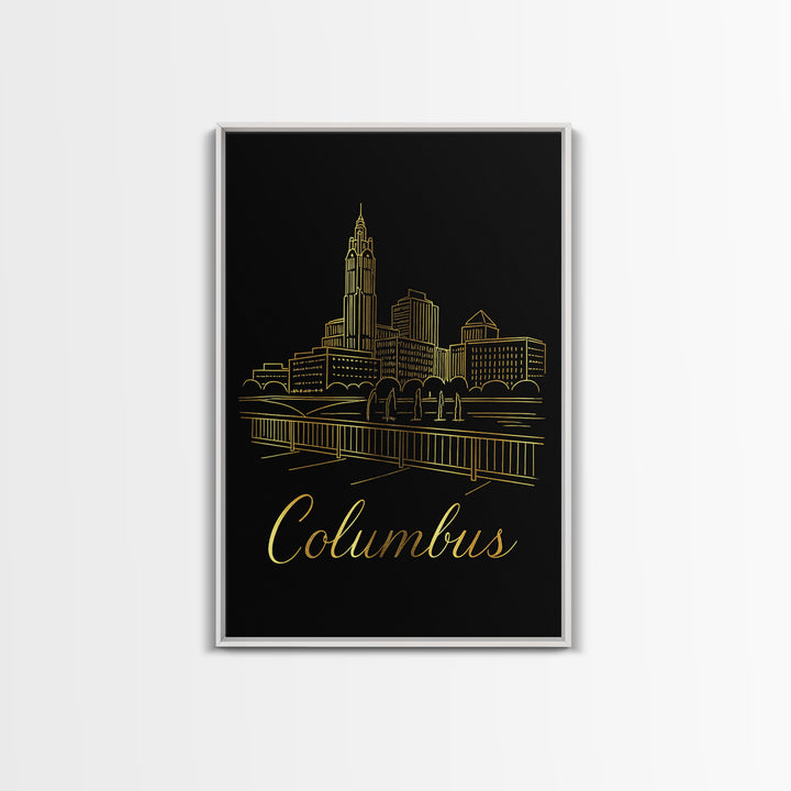 Columbus Ohio Travel Poster, Framed Canvas Print, Black Gold Minimalist Art, Columbus Travel Art, Travel Wall Art, Living Room Wall Art