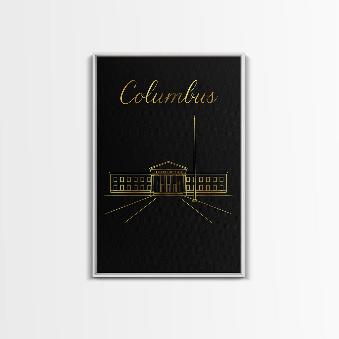 Columbus Travel Poster, Framed Canvas Print, Dark Minimalist Wall Art, Columbus Travel Art, Travel Poster Art, Mid Century Wall Art