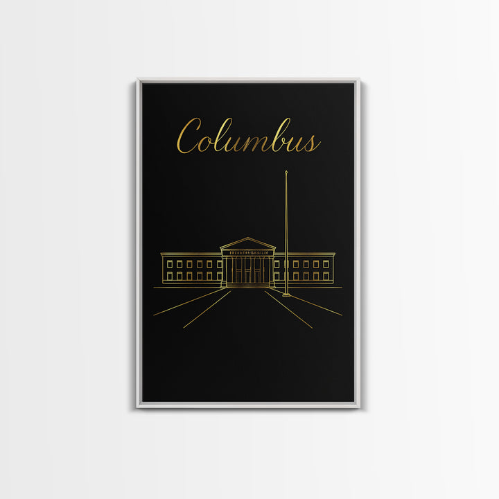 Columbus Travel Poster, Framed Canvas Print, Dark Minimalist Wall Art, Columbus Travel Art, Travel Poster Art, Mid Century Wall Art