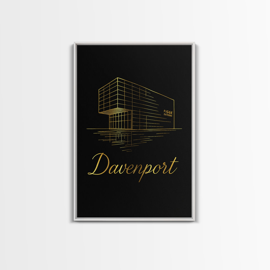 Davenport Iowa Travel Poster, Framed Canvas Print, Minimalist Gold Line Art, Davenport Wall Art, City Travel Prints, Retro Travel Print