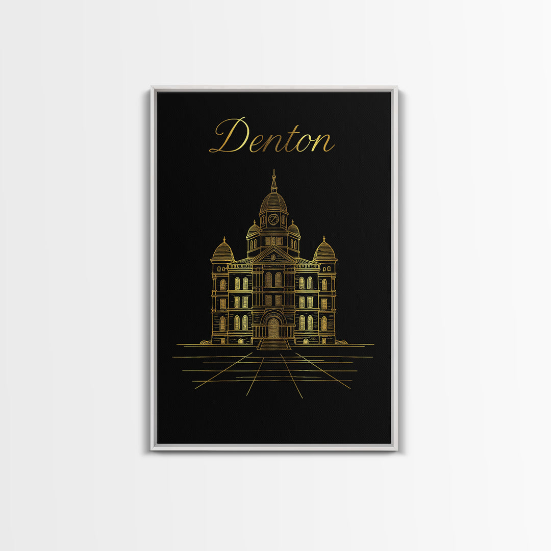 Denton Travel Poster, Framed Canvas Print, Minimalist Gold Line Art, Denton Art Print, City Art Print, Travel Poster Art, Fine Art Print