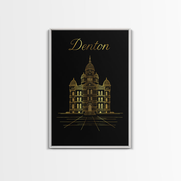 Denton Travel Poster, Framed Canvas Print, Minimalist Gold Line Art, Denton Art Print, City Art Print, Travel Poster Art, Fine Art Print