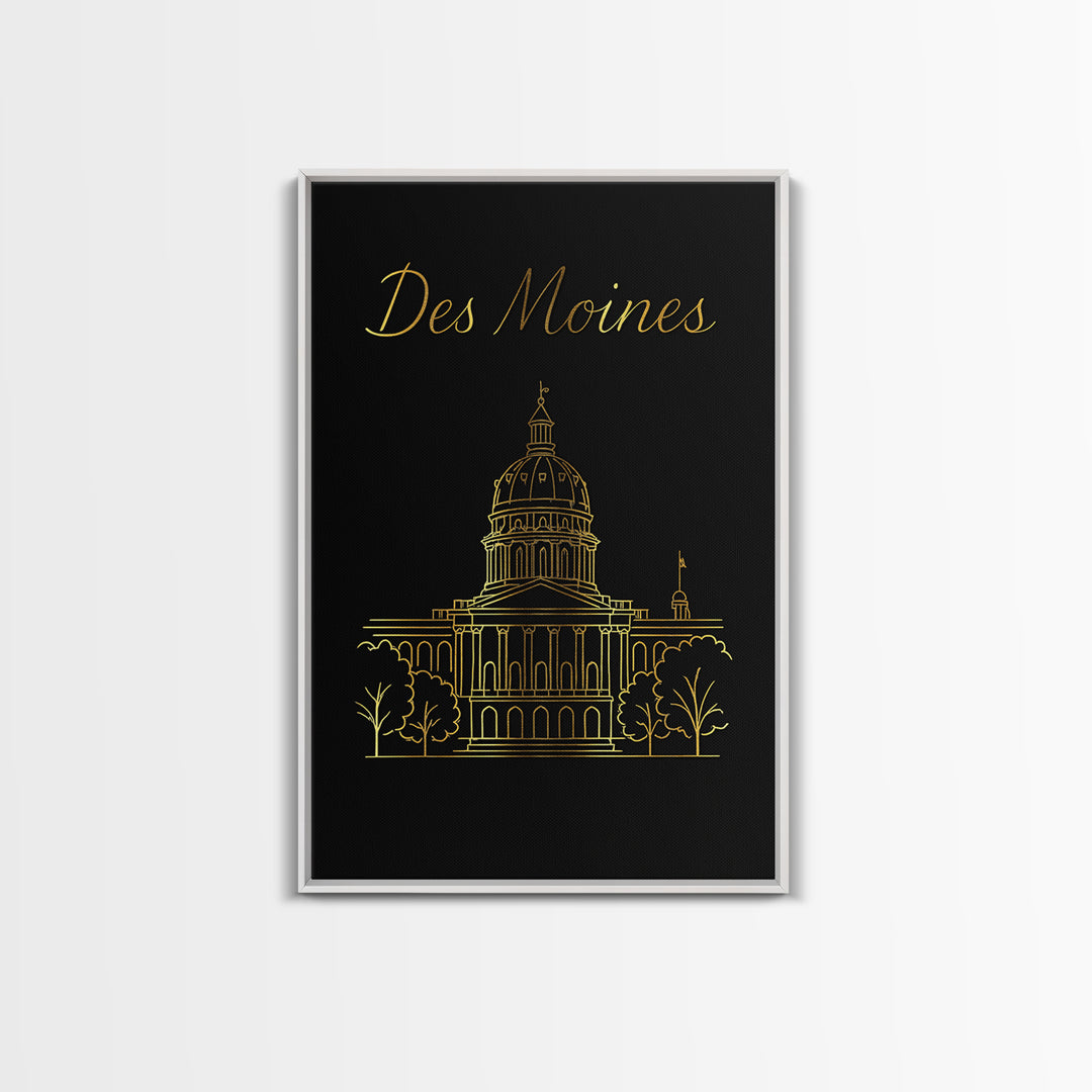 Des Moines Travel Poster, Canvas Print, Black Gold Minimalist Art, Des Moines Art Print, Home Office Decor, Fine Art Print, Retro Poster