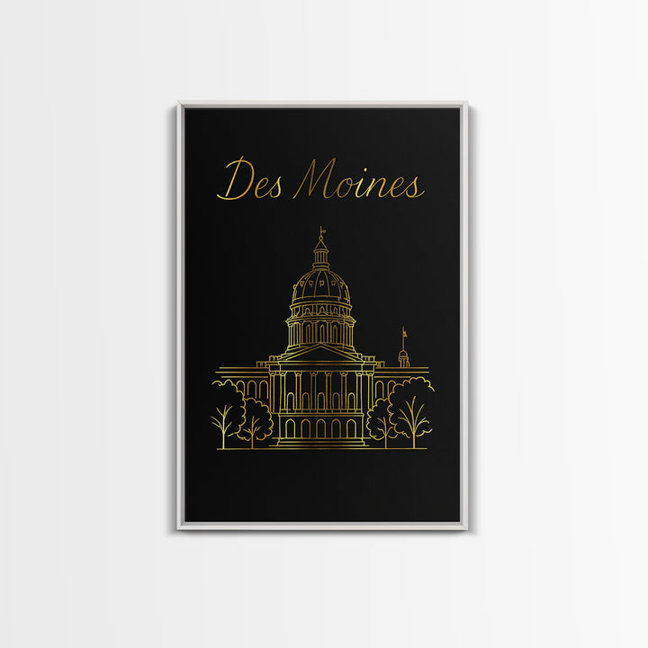 Des Moines Travel Poster, Canvas Print, Black Gold Minimalist Art, Des Moines Art Print, Home Office Decor, Fine Art Print, Retro Poster