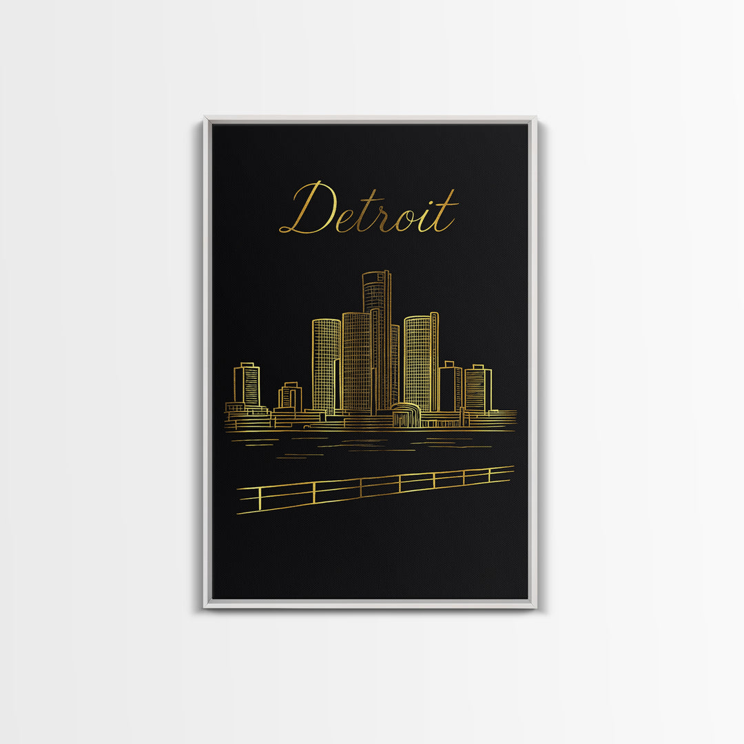 Detroit Michigan Travel Poster, Canvas Print, Black Gold Minimalist Art, Detroit City Art, City Travel Prints, Wanderlust Decor, Design 1