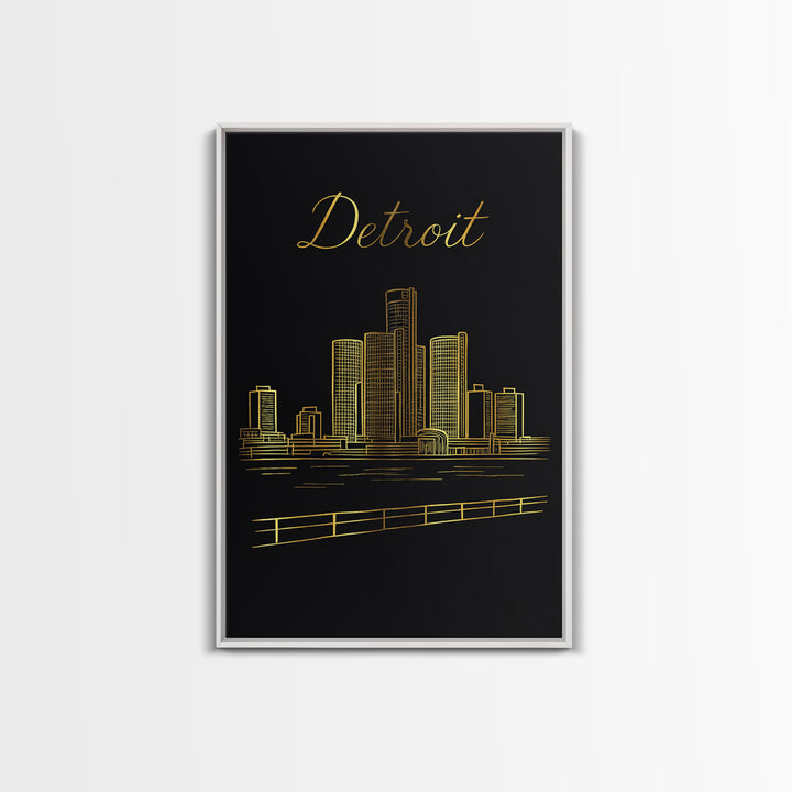 Detroit Michigan Travel Poster, Canvas Print, Black Gold Minimalist Art, Detroit City Art, City Travel Prints, Wanderlust Decor, Design 1
