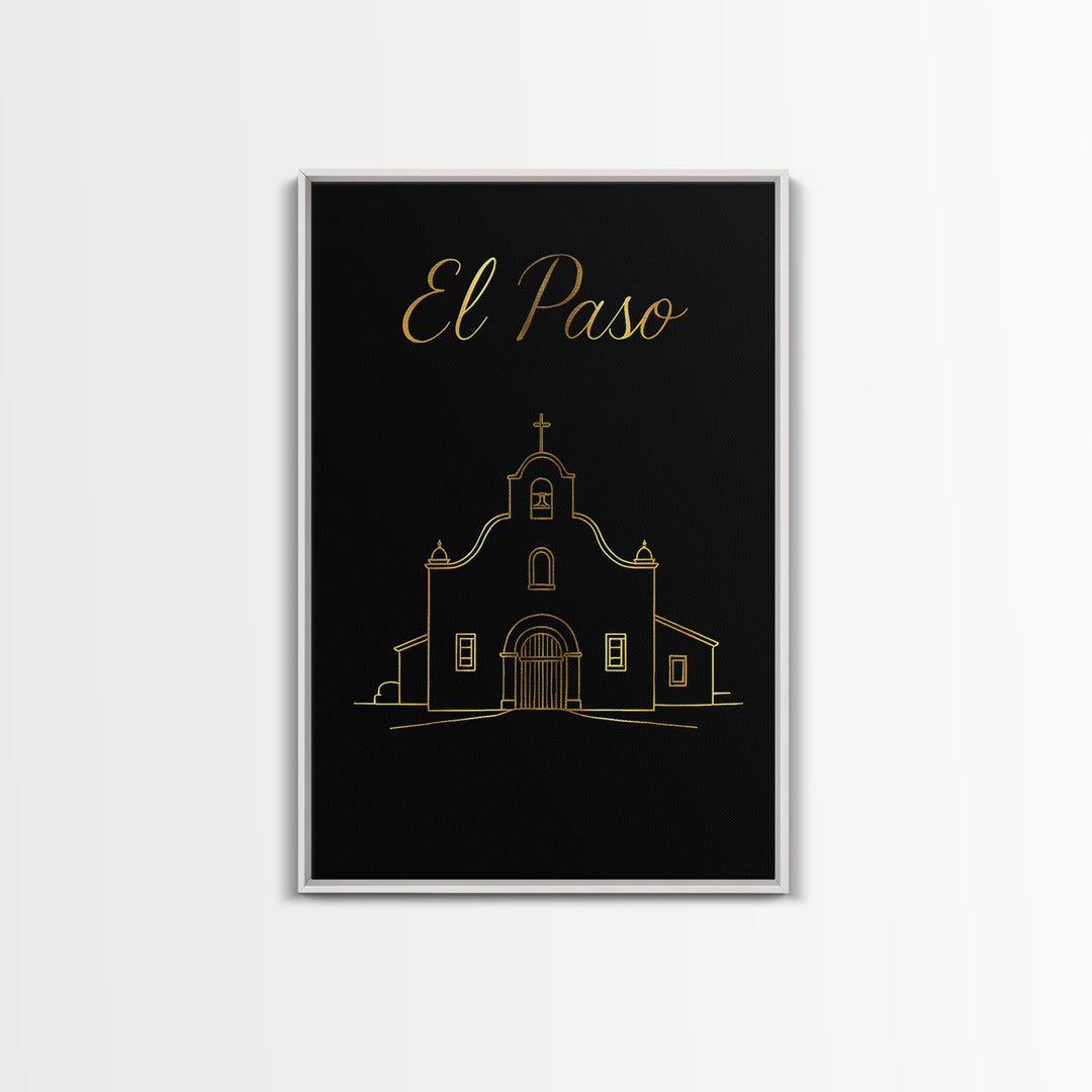 El Paso Texas Travel Poster, Canvas Print, Gold Outline Poster Art, El Paso Travel Art, City Art Print, Home Office Decor, Retro Poster