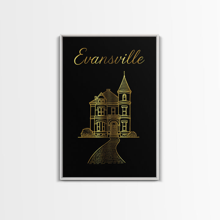 Evansville Indiana Travel Poster, Canvas Print, Minimalist Gold Line Art, Evansville Travel Art, Vintage City Art, Travel Art Print, Print