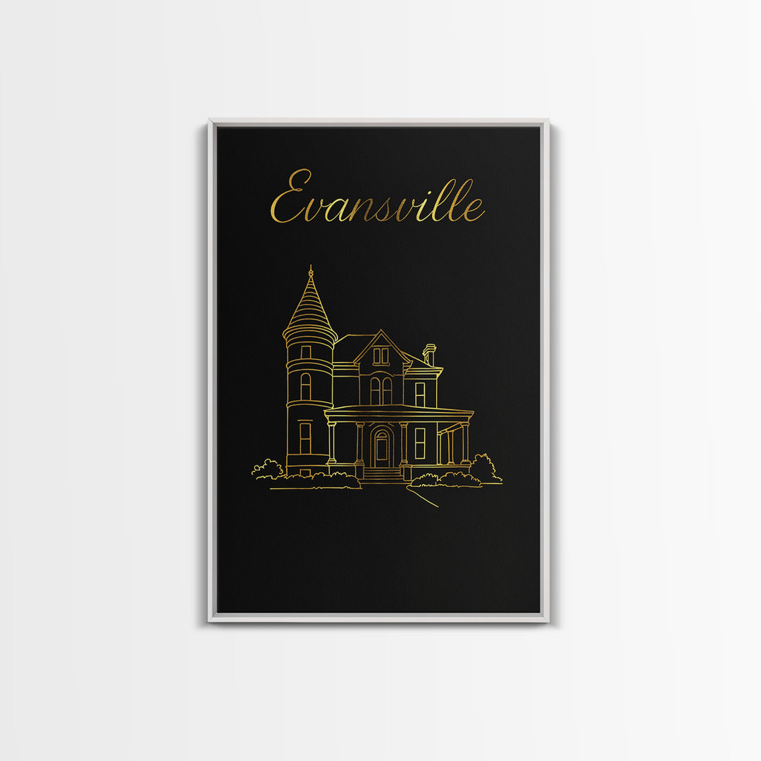 Evansville Travel Poster, Framed Canvas Print, Gold Outline Poster Art, Evansville Poster Print, Travel Wall Art, Fine Art Print