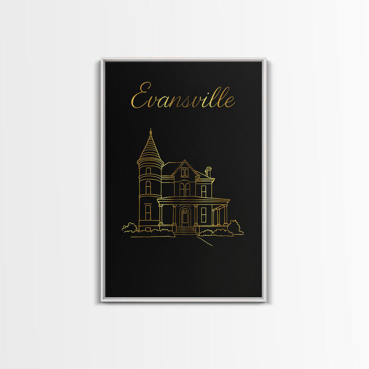Evansville Travel Poster, Framed Canvas Print, Gold Outline Poster Art, Evansville Poster Print, Travel Wall Art, Fine Art Print