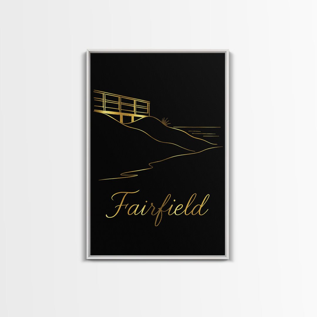 Fairfield Travel Poster, Framed Canvas Print, Gold Outline Poster Art, Fairfield Art Print, Vintage Travel Print, City Illustration