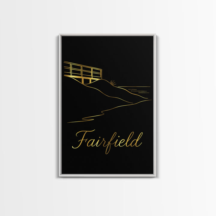 Fairfield Travel Poster, Framed Canvas Print, Gold Outline Poster Art, Fairfield Art Print, Vintage Travel Print, City Illustration