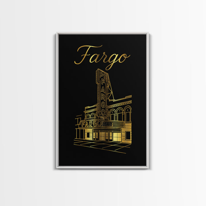 Fargo North Dakota Travel Poster, Canvas Print, Gold Outline Poster Art, Fargo City Art, Mid Century Wall Art, Fine Art Print, Wall Decor