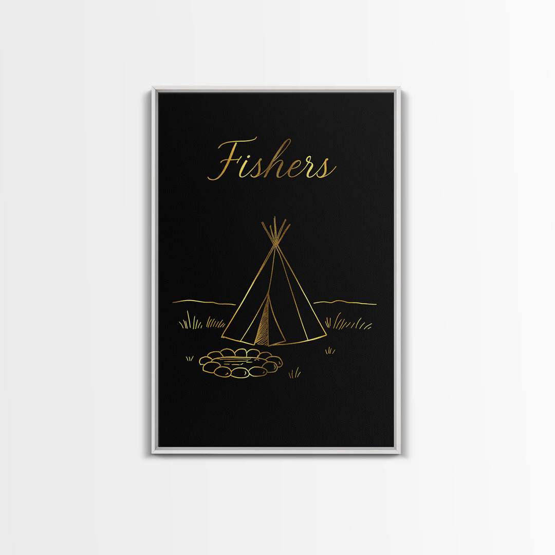 Fishers Indiana Travel Poster, Framed Canvas Print, Minimalist Gold Line Art, Fishers Poster Print, Mid Century Wall Art, Modern Wall Decor