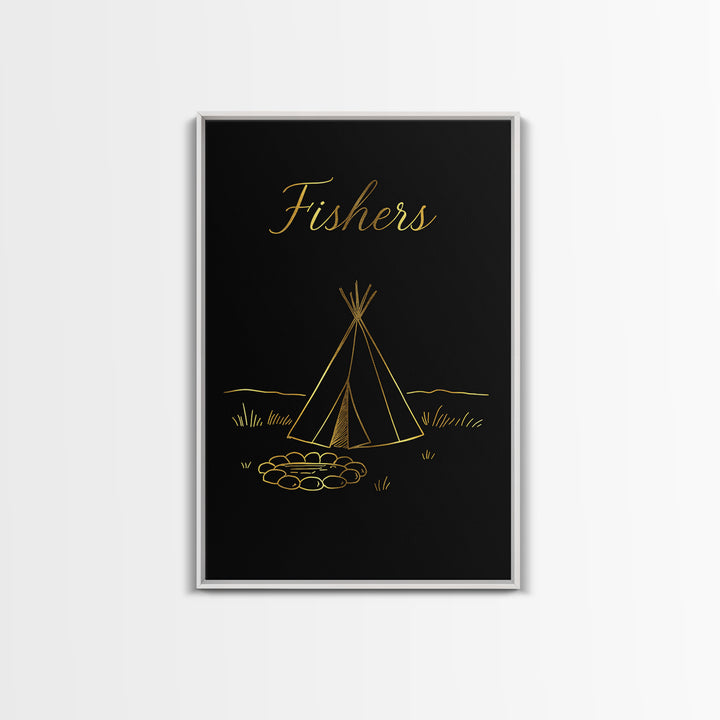 Fishers Indiana Travel Poster, Framed Canvas Print, Minimalist Gold Line Art, Fishers Poster Print, Mid Century Wall Art, Modern Wall Decor