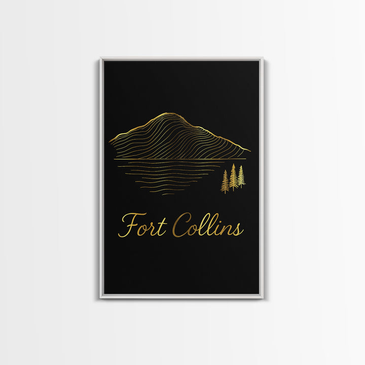 Fort Collins Travel Poster, Canvas Print, Gold Outline Poster Art, Fort Collins Art Print, Travel Wall Art, Travel Wall Decor, Design 4