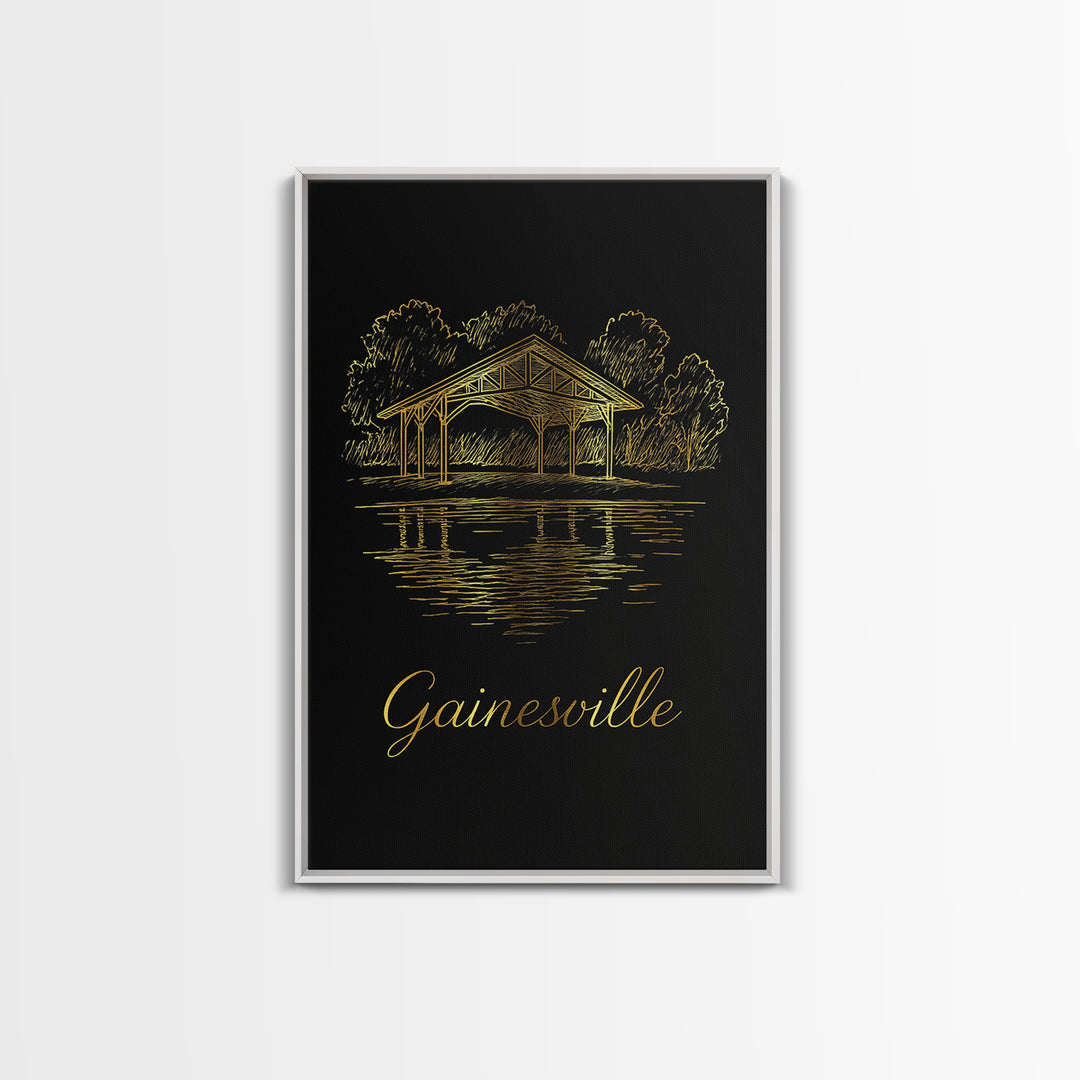 Gainesville Travel Poster, Framed Canvas Print, Minimalist Gold Line Art, Gainesville Travel Art, Wanderlust Decor, Modern Wall Decor