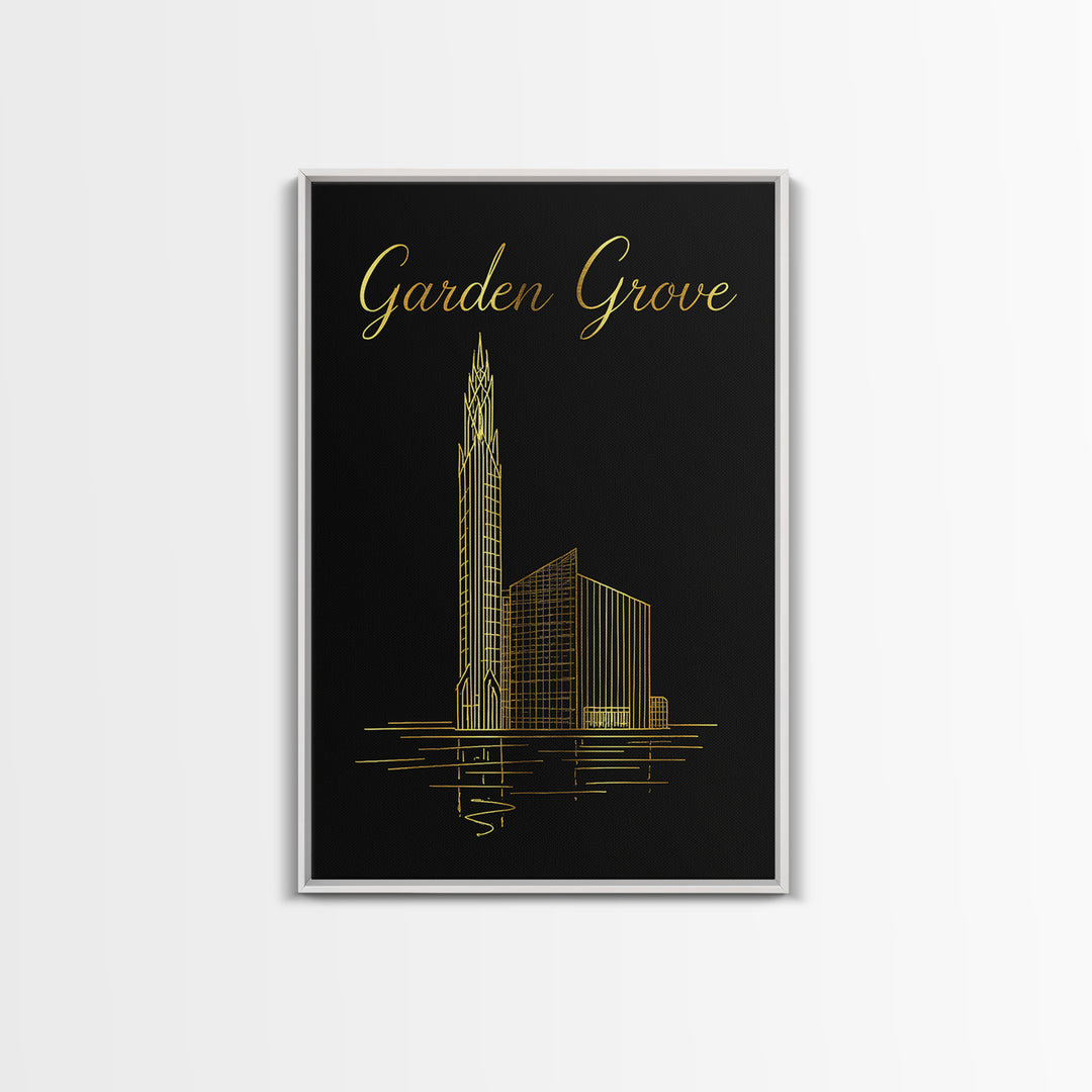 Garden Grove Travel Poster, Canvas Print, Black Gold Minimalist Art, Garden Grove Poster Print, Mid Century Wall Art, Travel Wall Art