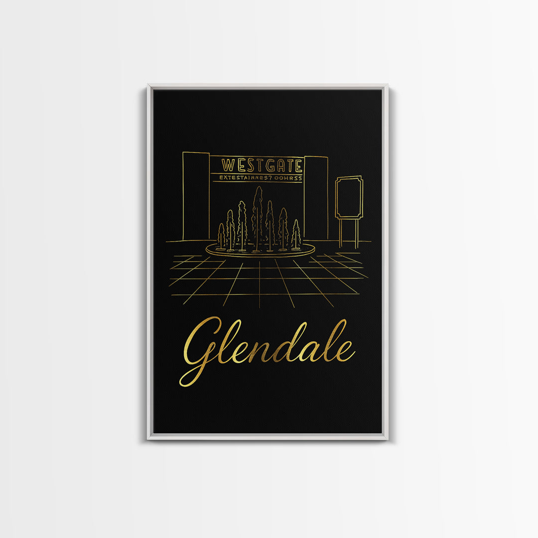 Glendale Travel Poster, Framed Canvas Print, Black Gold Minimalist Art, Glendale Art Print, Travel Art Print, Fine Art Print, Home Decor