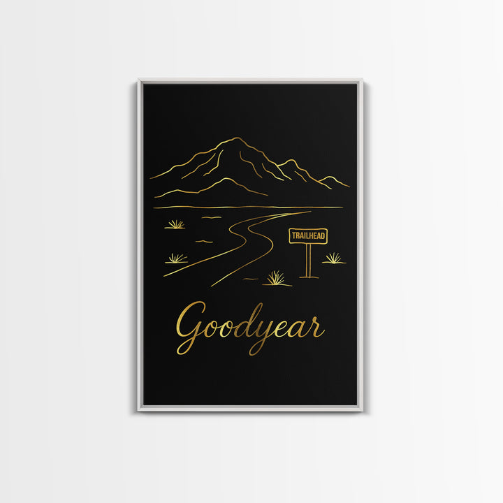 Goodyear Travel Poster, Framed Canvas Print, Gold Outline Poster Art, Goodyear Travel Art, Mid Century Wall Art, Vintage Travel Art