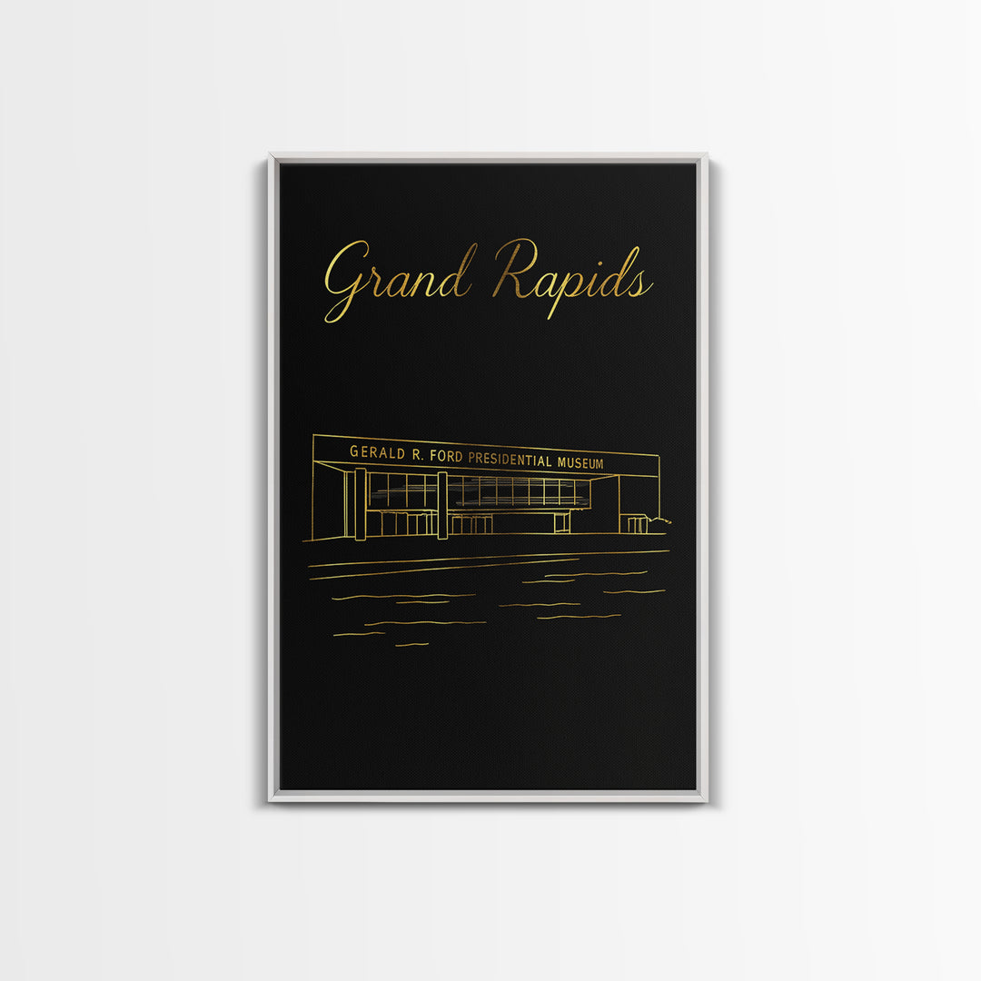 Grand Rapids Travel Poster, Framed Canvas Print, Black Gold Minimalist Art, Grand Rapids Travel Art, Mid Century Wall Art, City Art Print