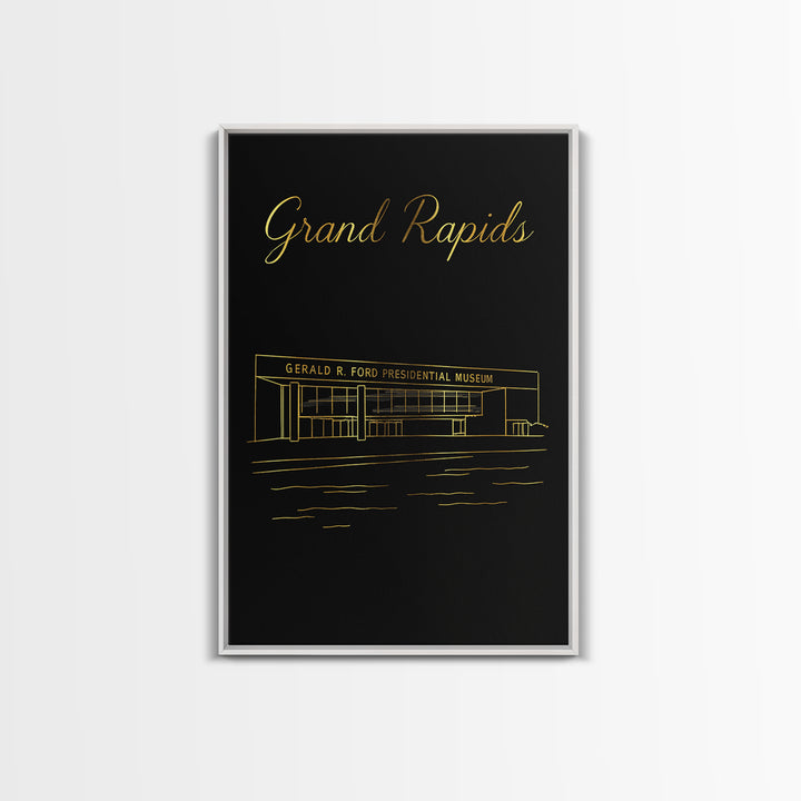 Grand Rapids Travel Poster, Framed Canvas Print, Black Gold Minimalist Art, Grand Rapids Travel Art, Mid Century Wall Art, City Art Print
