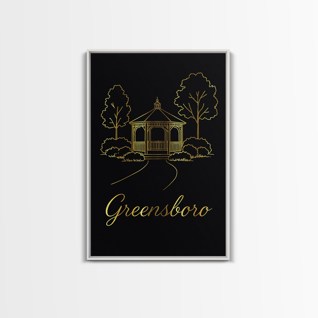 Greensboro Travel Poster, Framed Canvas Print, Gold Outline Poster Art, Greensboro Art Print, Travel Poster Set, Vintage Travel Print