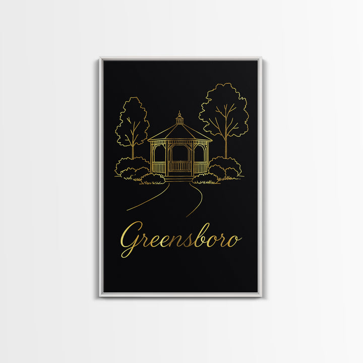 Greensboro Travel Poster, Framed Canvas Print, Gold Outline Poster Art, Greensboro Art Print, Travel Poster Set, Vintage Travel Print
