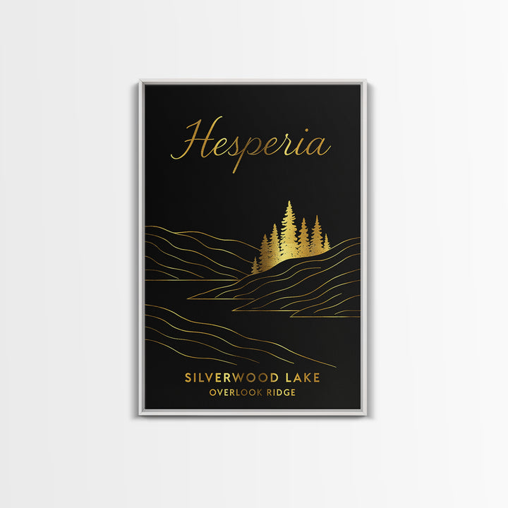 Hesperia Travel Poster, Framed Canvas Print, Dark Minimalist Wall Art, Hesperia Travel Art, Vintage City Art, City Illustration