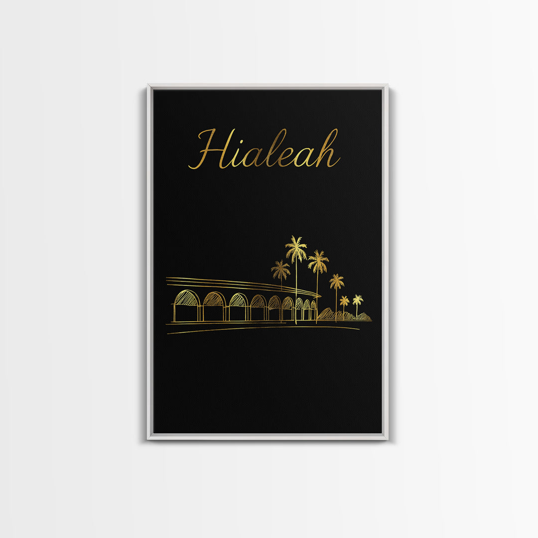 Hialeah Travel Poster, Canvas Print, Gold Outline Poster Art, Hialeah Art Print, Watercolor City Skyline, City Art Print, Wall Art
