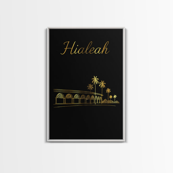 Hialeah Travel Poster, Canvas Print, Gold Outline Poster Art, Hialeah Art Print, Watercolor City Skyline, City Art Print, Wall Art