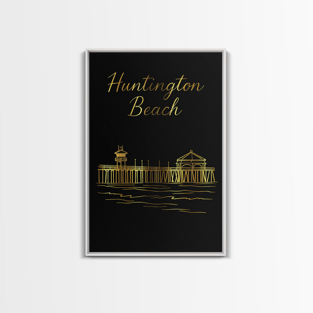 Huntington Beach Travel Poster, Canvas Print, Minimalist Gold Line Art, Huntington Beach Poster Print, Travel Poster Set, Retro Travel Print