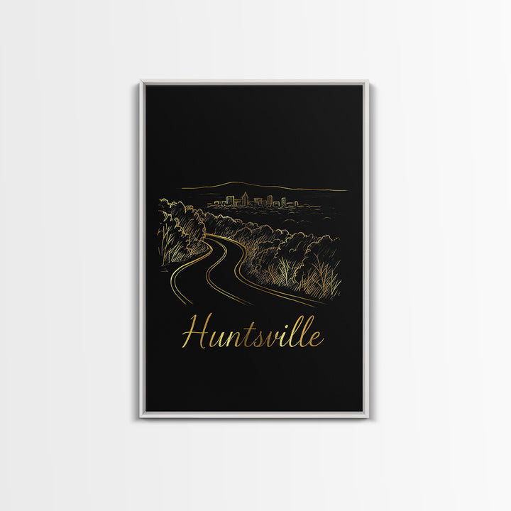Huntsville Alabama Travel Poster, Canvas Print, Minimalist Gold Line Art, Huntsville Poster Print, Travel Poster Art, Watercolor Skyline
