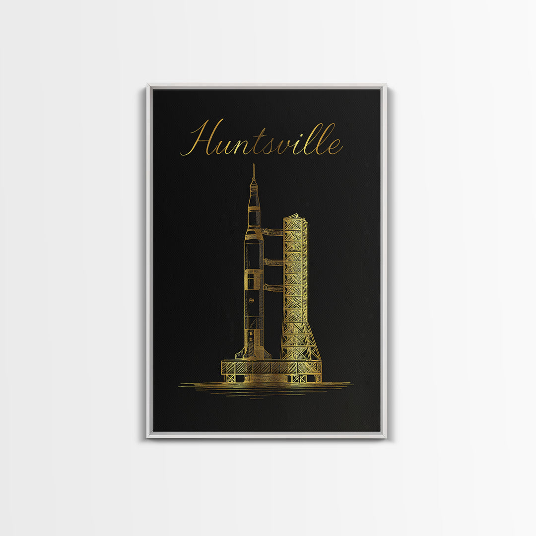 Huntsville Travel Poster, Framed Canvas Print, Minimalist Gold Line Art, Huntsville Travel Art, Mid Century Wall Art, Travel Poster Set