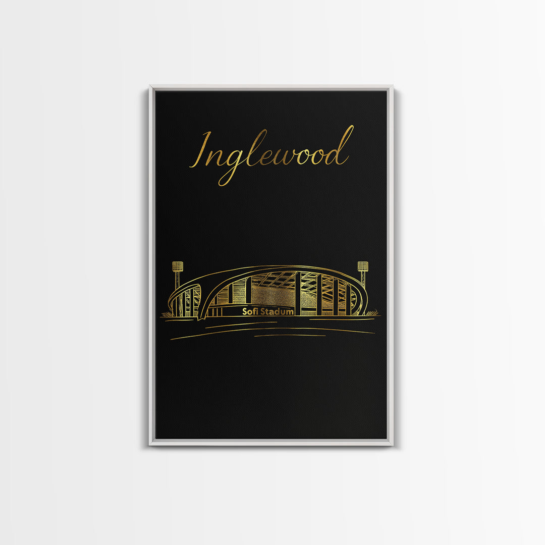 Inglewood Travel Poster, Framed Canvas Print, Minimalist Gold Line Art, Inglewood City Art, Travel Art Print, Vintage Travel Art