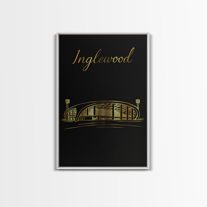 Inglewood Travel Poster, Framed Canvas Print, Minimalist Gold Line Art, Inglewood City Art, Travel Art Print, Vintage Travel Art