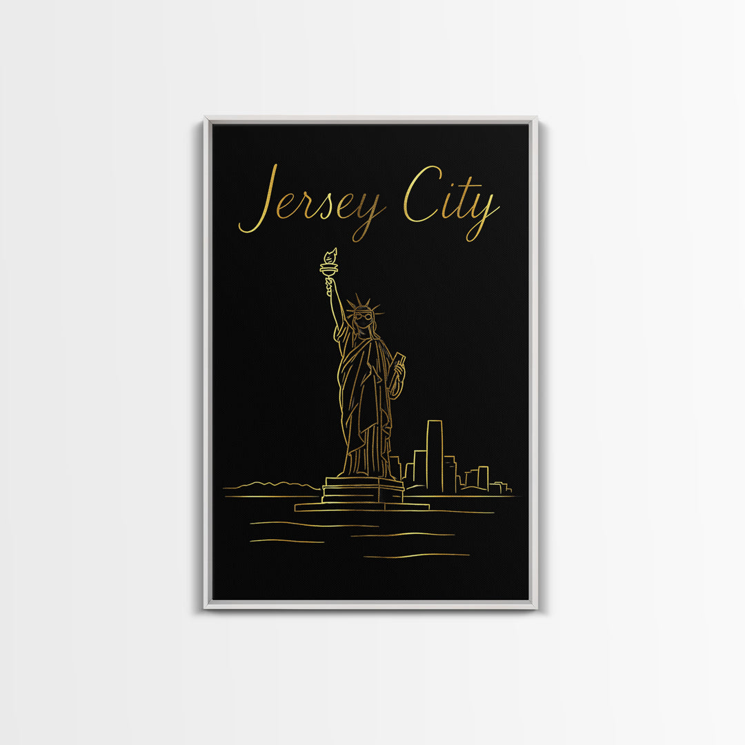 Jersey City Travel Poster, Framed Canvas Print, Black Gold Minimalist Art, Jersey City Poster Print, Living Room Wall Art, Travel Art Print
