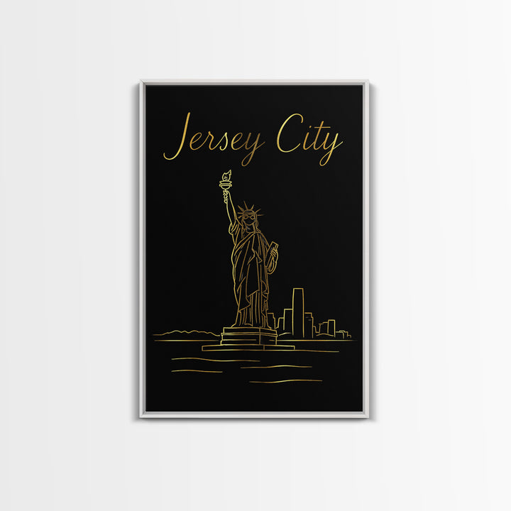 Jersey City Travel Poster, Framed Canvas Print, Black Gold Minimalist Art, Jersey City Poster Print, Living Room Wall Art, Travel Art Print