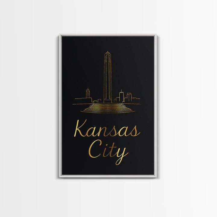 Kansas City Travel Poster, Framed Canvas Print, Black Gold Minimalist Art, Kansas City Wall Art, Vintage Travel Print, Vintage City Art