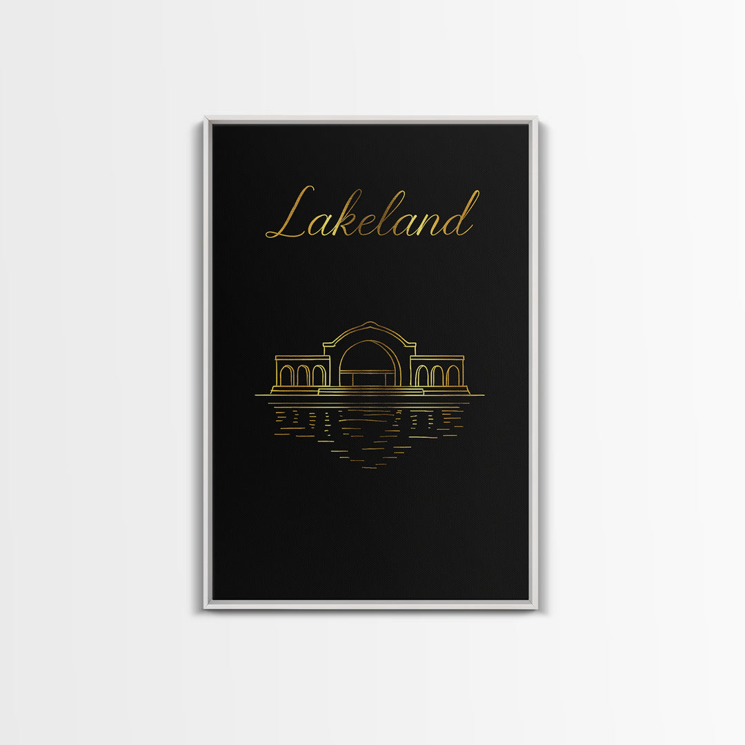 Lakeland Travel Poster, Framed Canvas Print, Minimalist Gold Line Art, Lakeland Wall Art, Watercolor Skyline, Travel Art Print