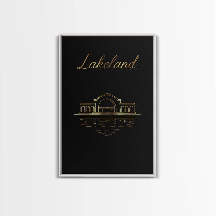 Lakeland Travel Poster, Framed Canvas Print, Minimalist Gold Line Art, Lakeland Wall Art, Watercolor Skyline, Travel Art Print