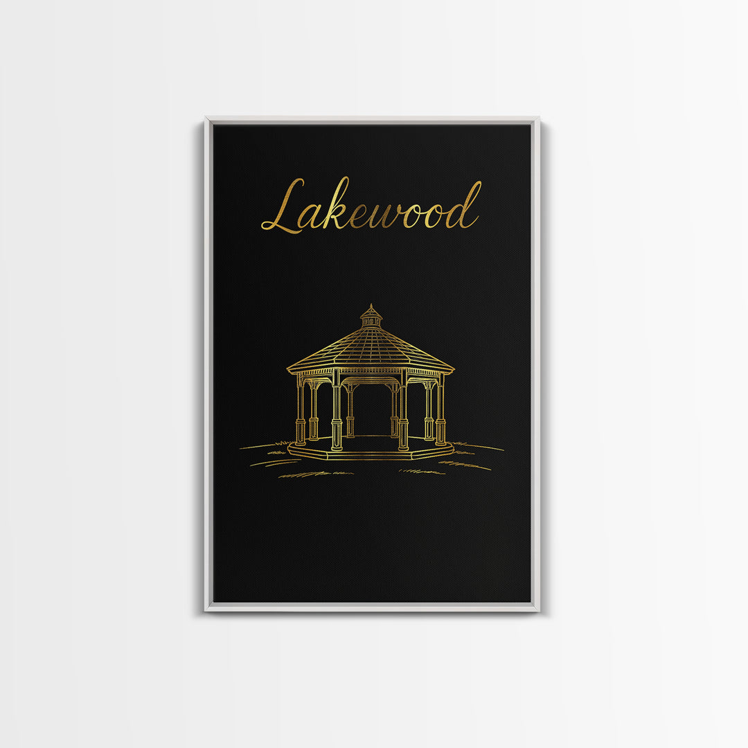 Lakewood Travel Poster, Framed Canvas Print, Black Gold Minimalist Art, Lakewood Wall Art, Travel Wall Art, Mid Century Wall Art