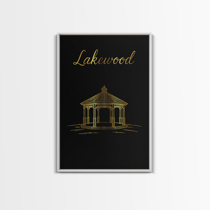 Lakewood Travel Poster, Framed Canvas Print, Black Gold Minimalist Art, Lakewood Wall Art, Travel Wall Art, Mid Century Wall Art