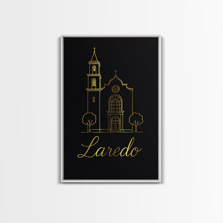 Laredo Travel Poster, Canvas Print, Minimalist Gold Line Art, Laredo Wall Art, Watercolor Skyline, City Art Print, Retro Travel Print