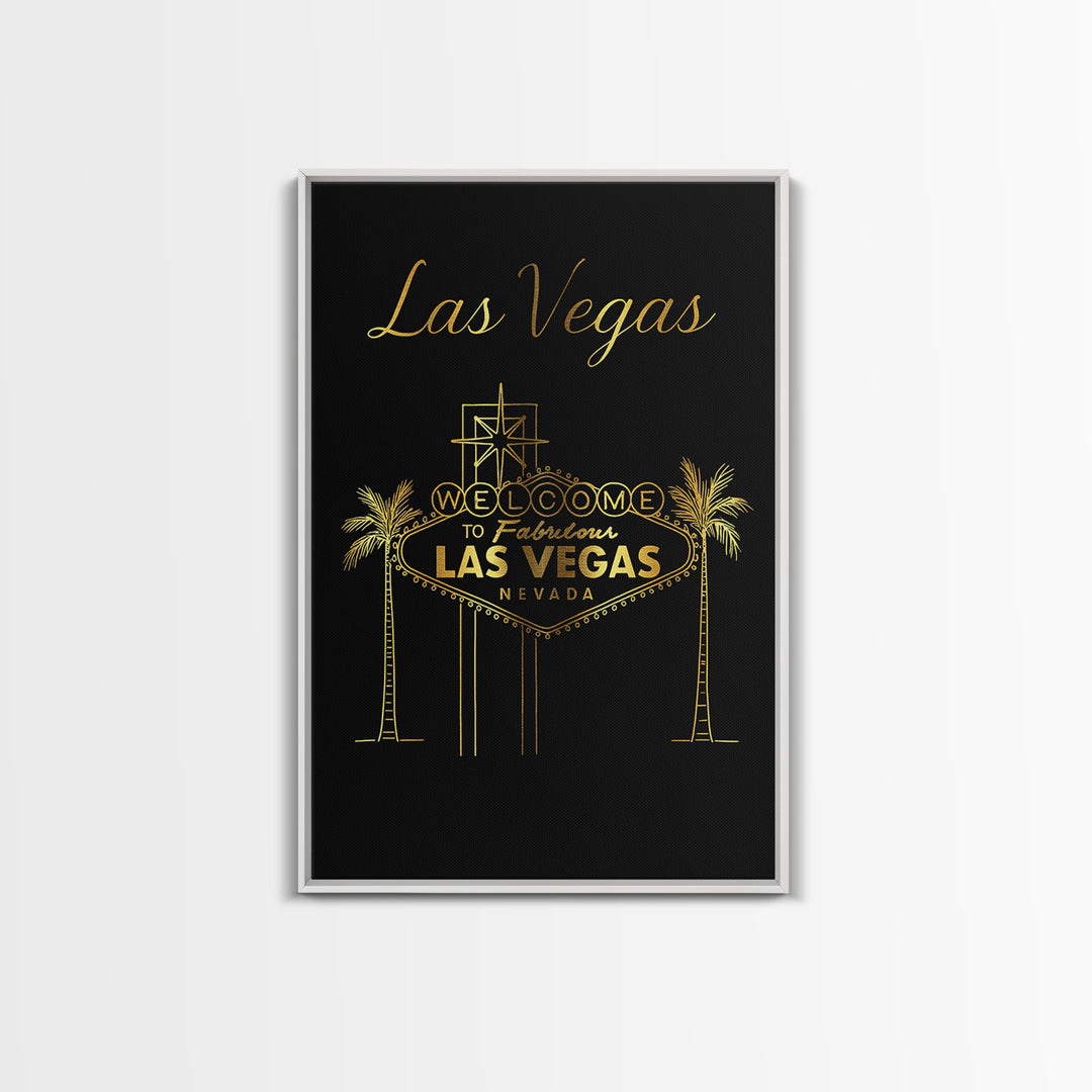 Las Vegas Travel Poster, Framed Canvas Print, Gold Outline Poster Art, Las Vegas Travel Art, City Art Print, Watercolor Skyline