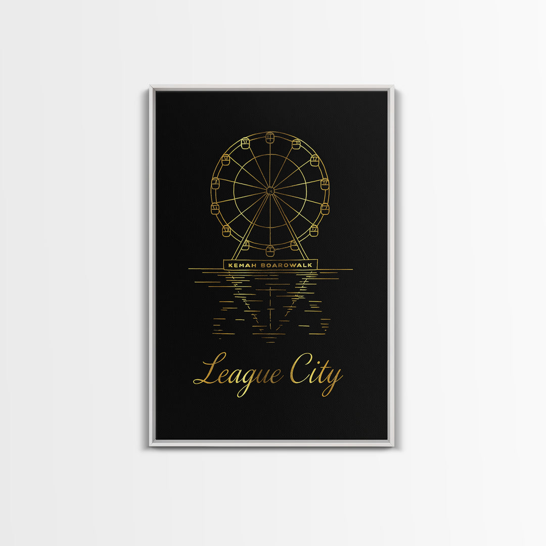 League City Travel Poster, Framed Canvas Print, Minimalist Gold Line Art, League City Wall Art, Watercolor Skyline, Mid Century Wall Art
