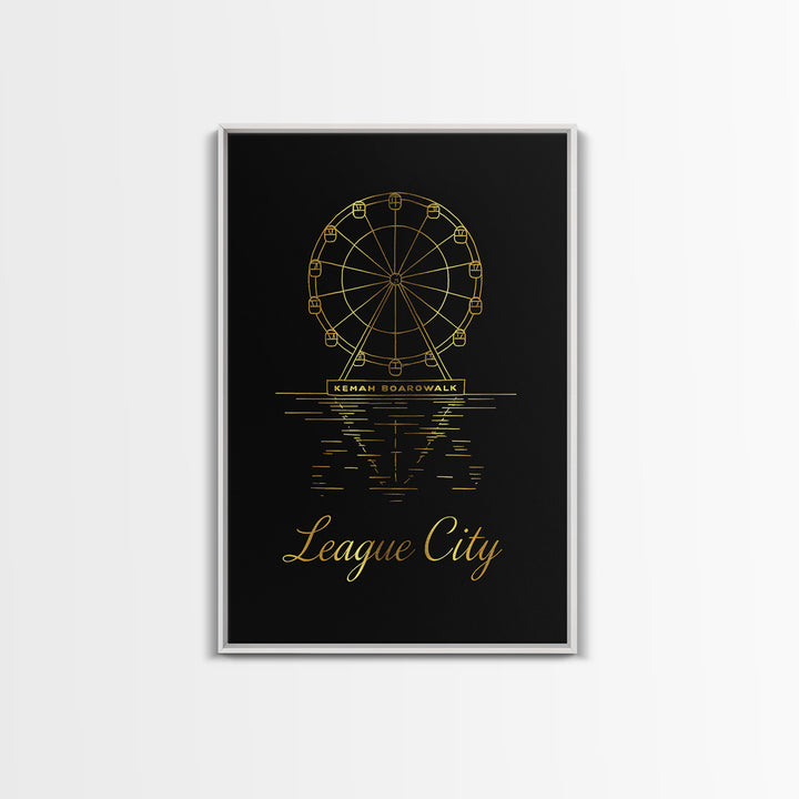League City Travel Poster, Framed Canvas Print, Minimalist Gold Line Art, League City Wall Art, Watercolor Skyline, Mid Century Wall Art